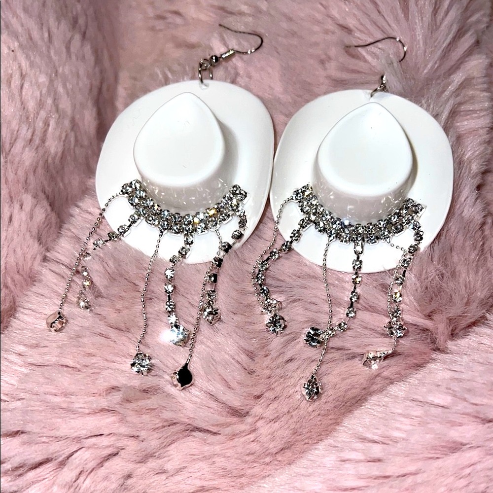 White and Silver Rhinestone Cowboy Hat Earrings